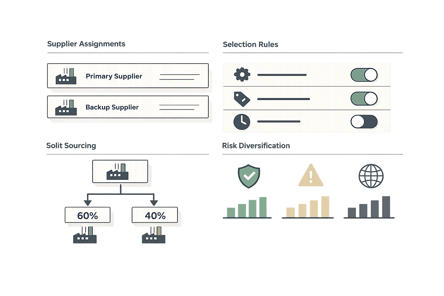 Multi-supplier sourcing interface showing primary and backup supplier assignments, automatic selection rules, split sourcing diagram, and risk diversification