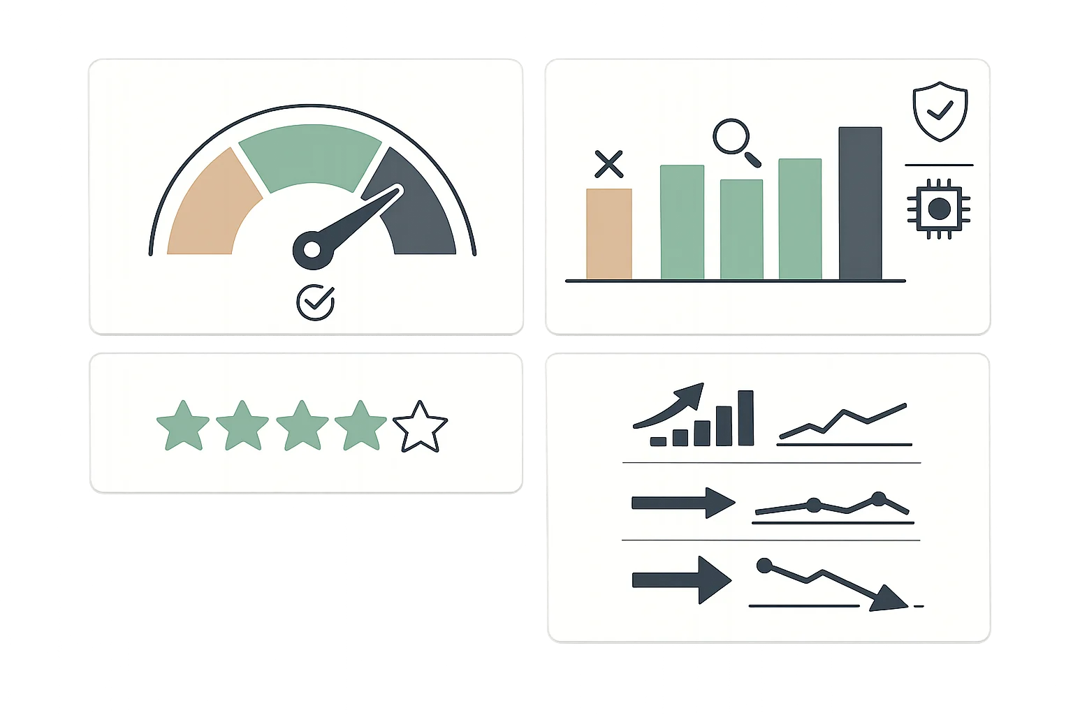Supplier performance tracking scorecard showing on-time delivery rate gauge, quality metrics chart, star ratings, and performance trend indicators