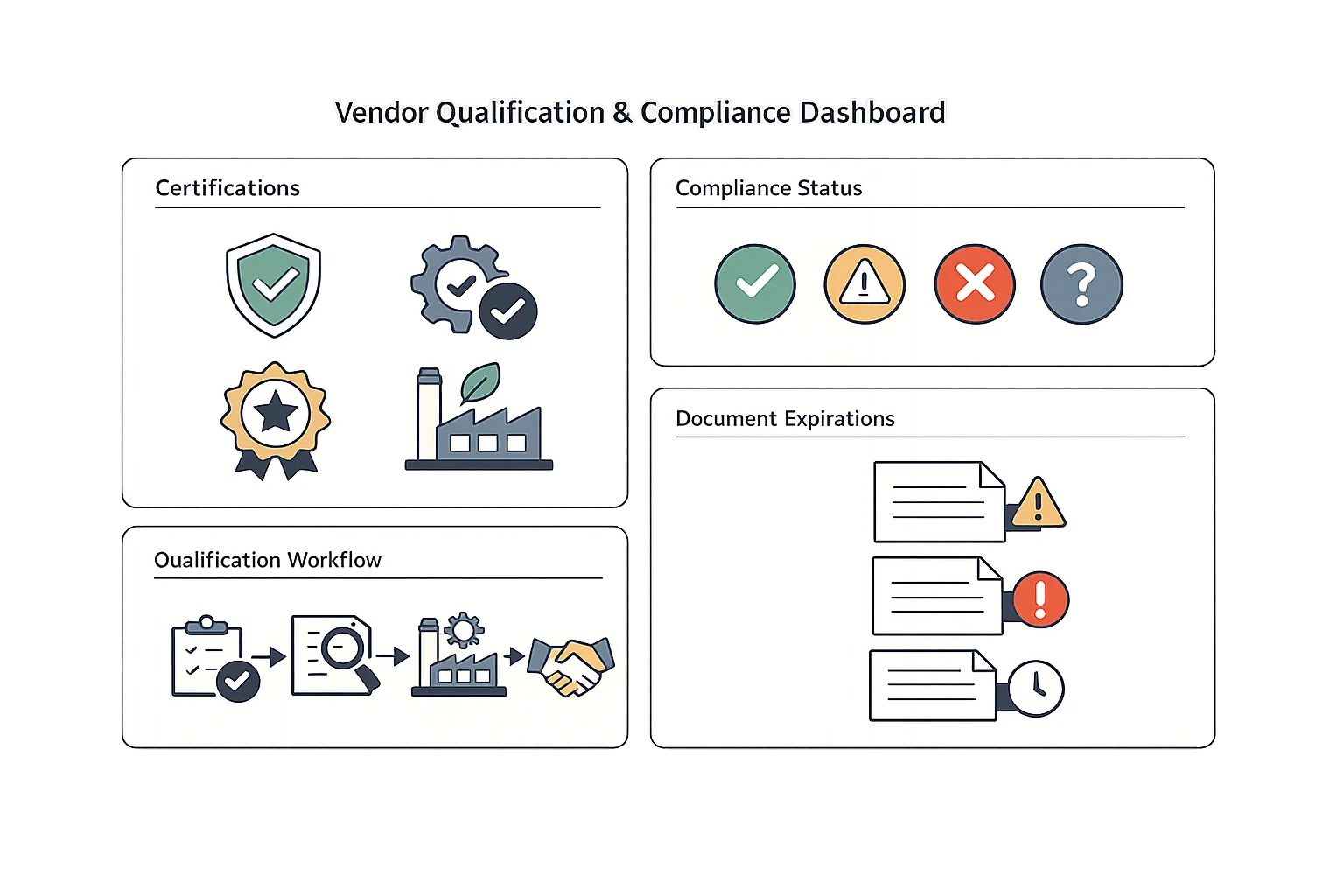 Vendor qualification and compliance dashboard showing certification badges, compliance status indicators, qualification workflow steps, and document expiration alerts