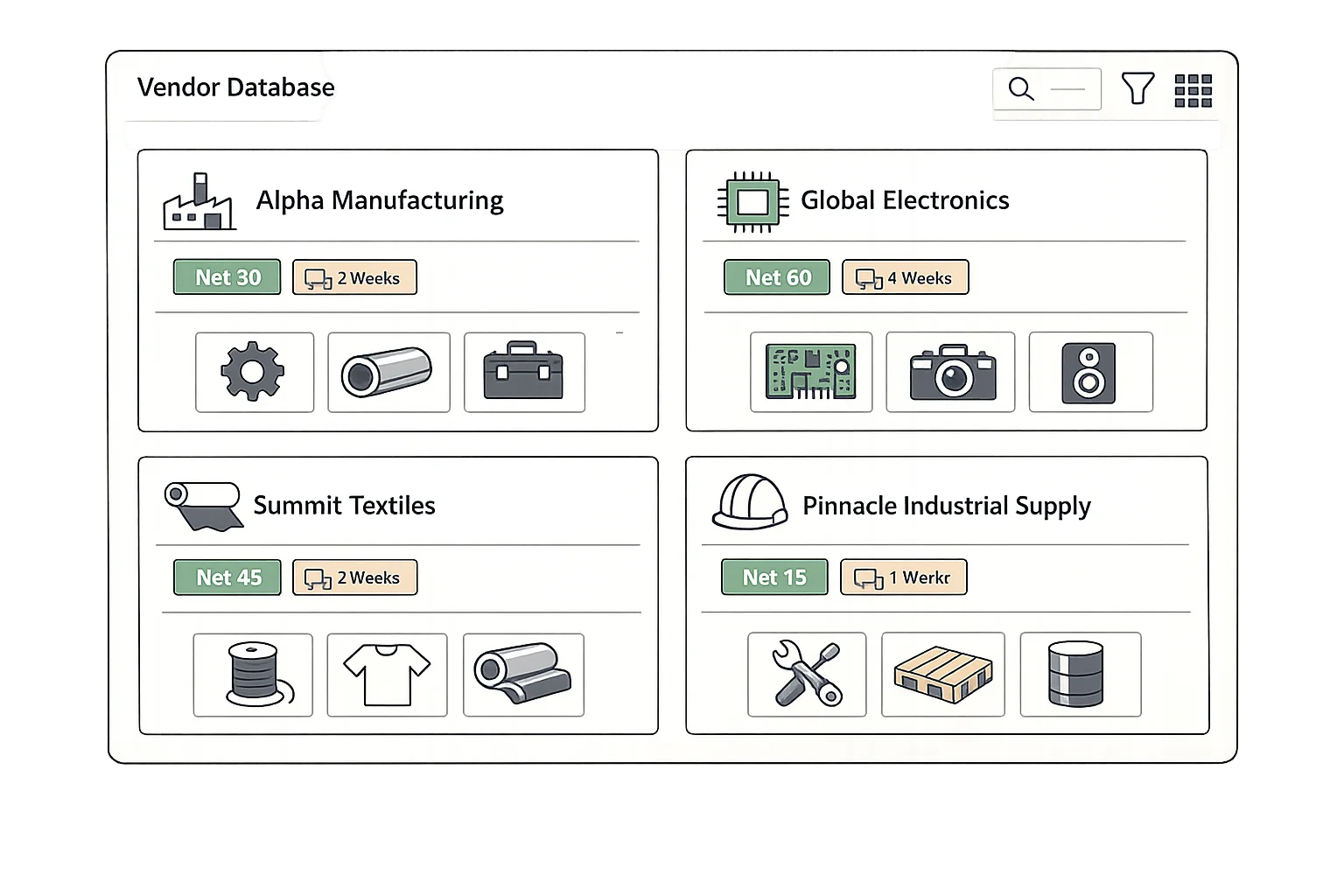 Centralized vendor database interface showing supplier contact cards with company names, payment terms badges, lead time indicators, and product catalog tiles