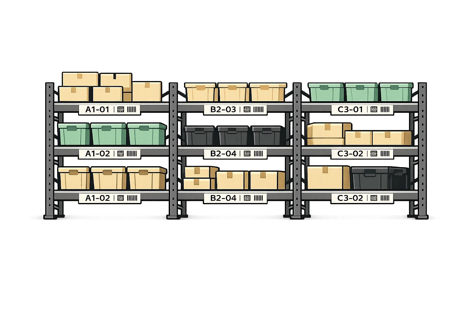 Warehouse location labels with alphanumeric codes and scannable barcodes on shelving